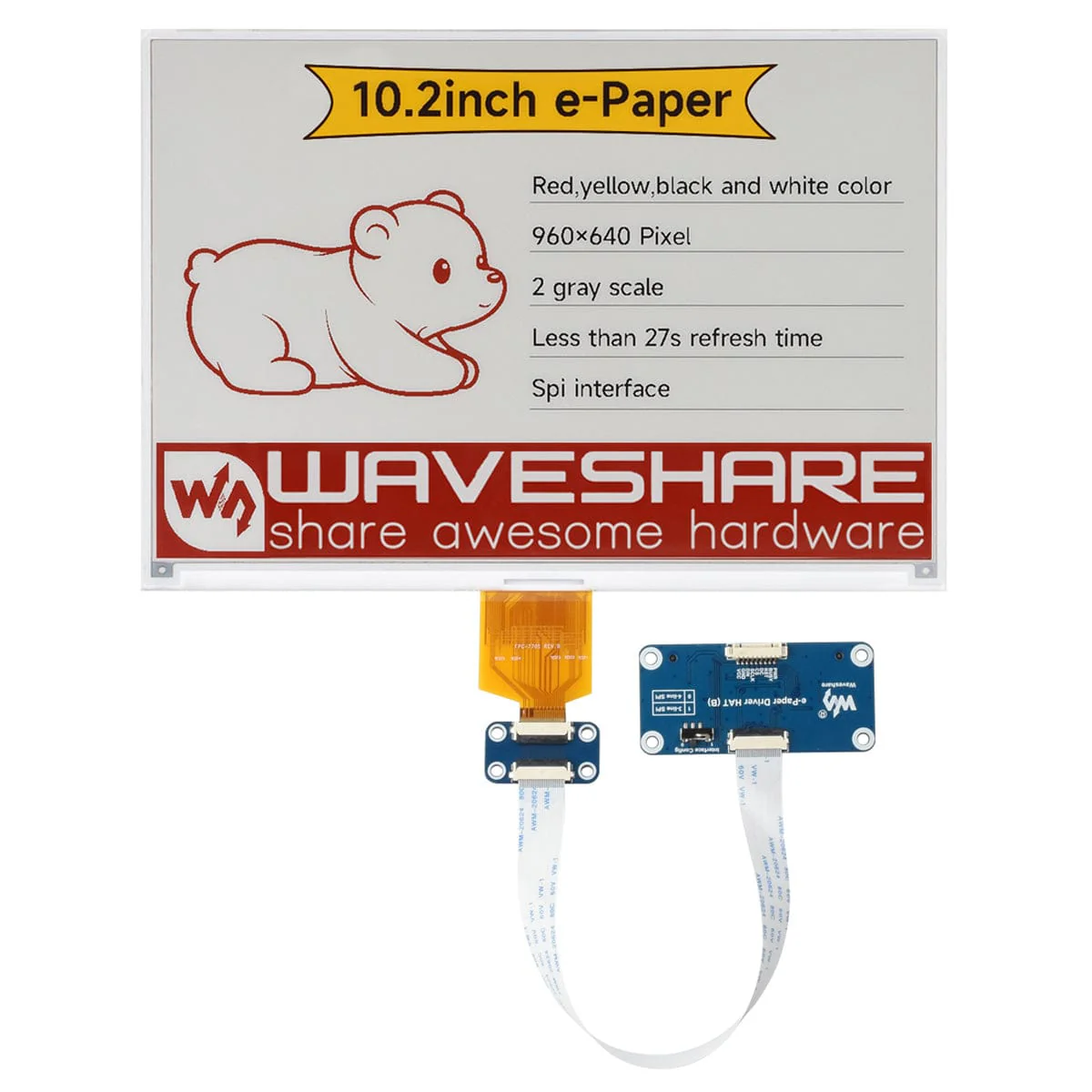 10.2" Four-Colour ePaper Display (G) with Driver HAT for Raspberry Pi - Image 3