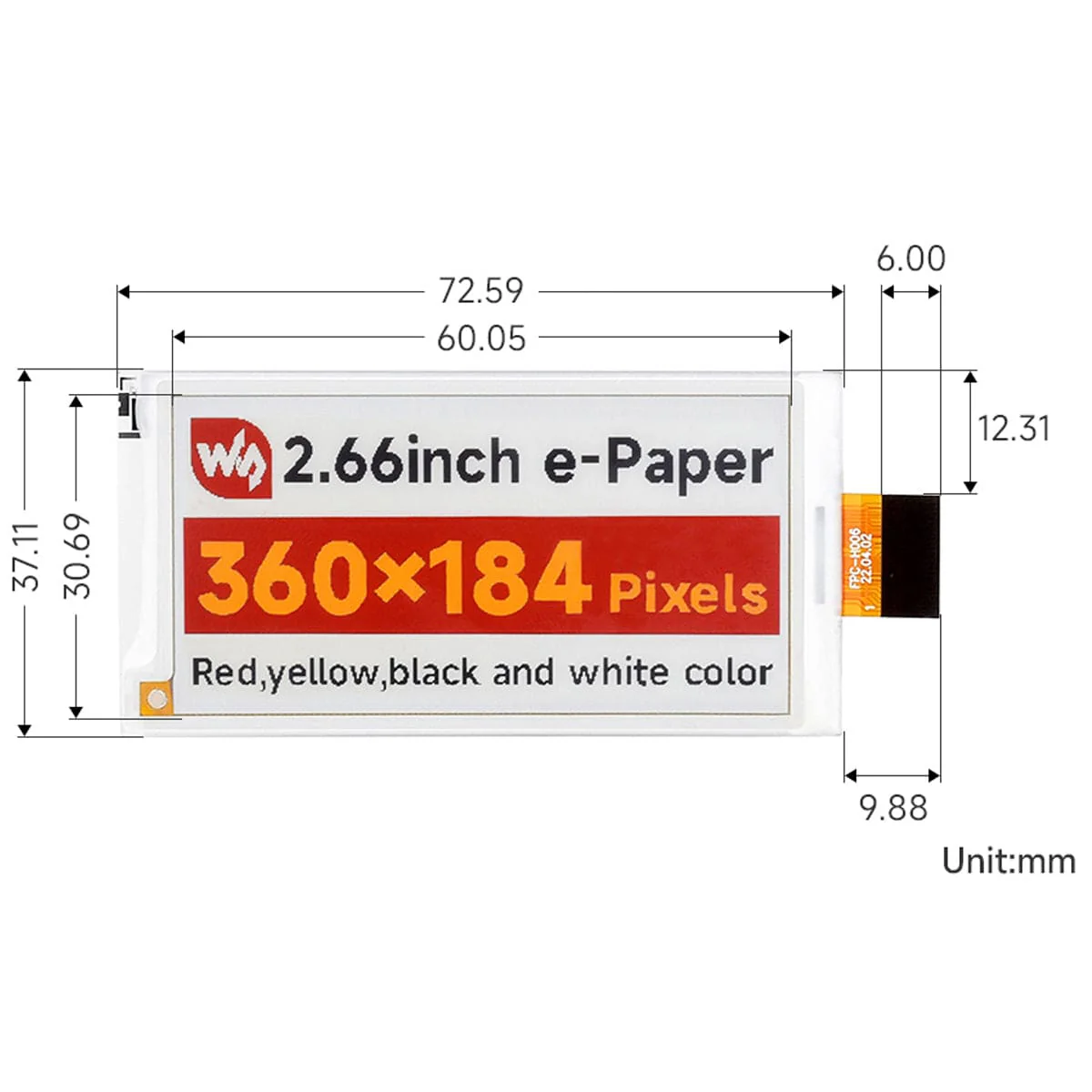 2.66" ePaper Display Raw Panel - Red/Yellow/Black/White (360x184) - Image 6