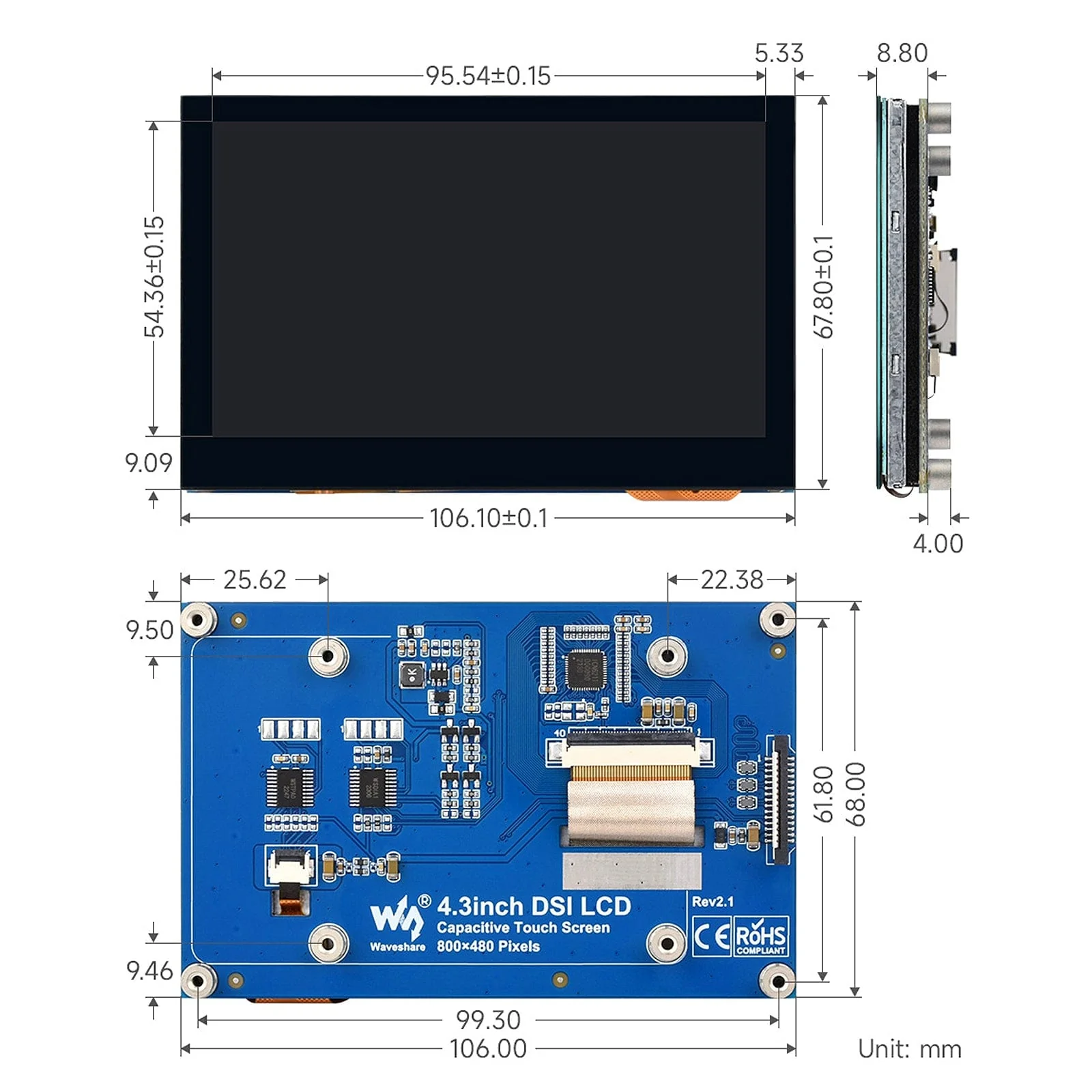 4.3" DSI QLED Capacitive Touch Display for Raspberry Pi (800x480) - Image 8