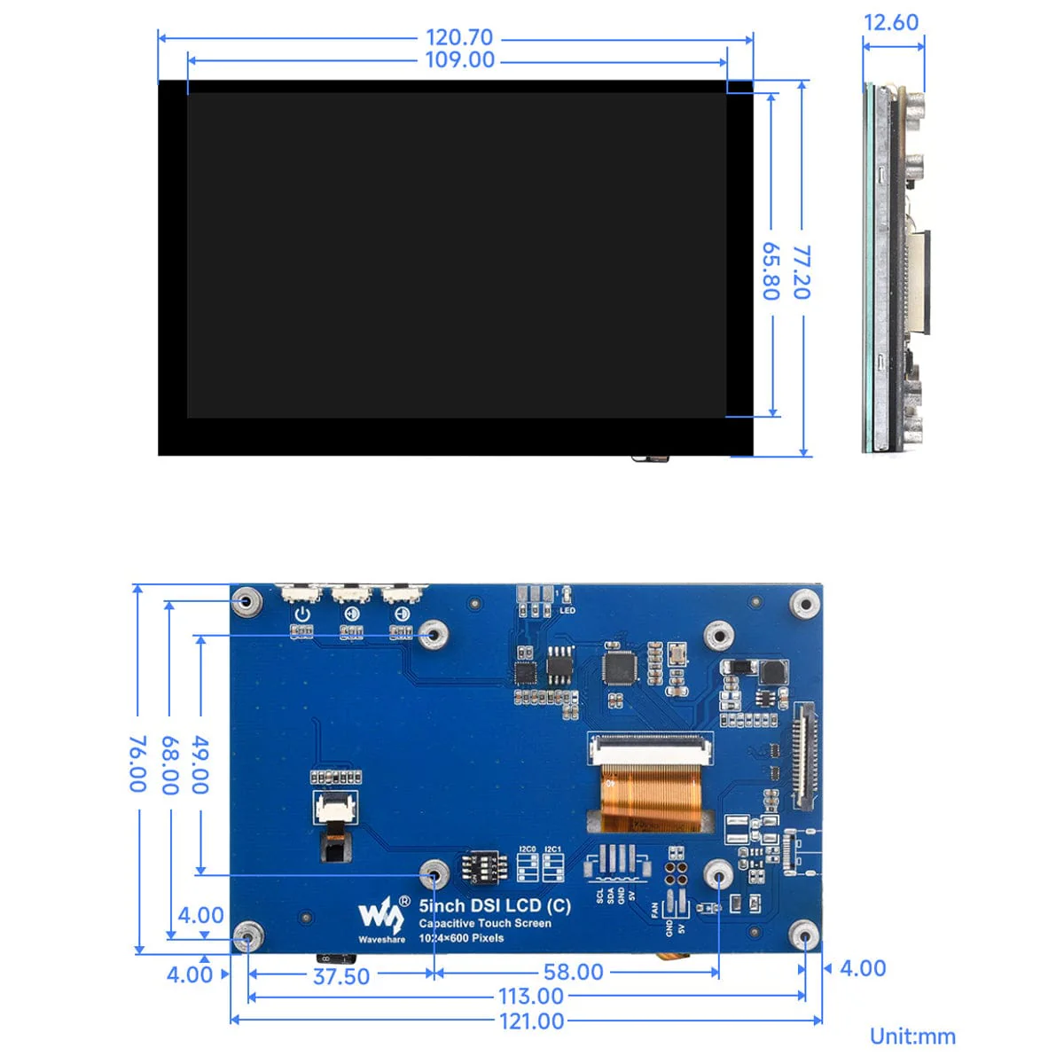 5" IPS DSI Capacitive Touch Display for Raspberry Pi (1024x600) - Image 7