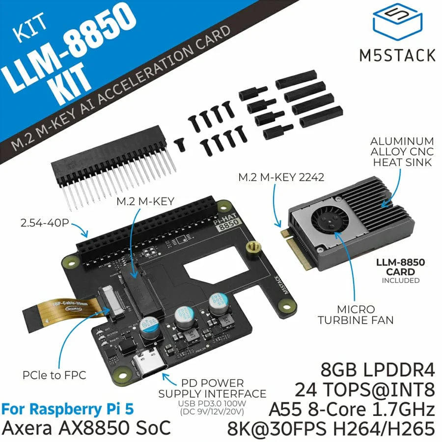 M5Stack AI-8850 LLM Accelerator M.2 Kit (8GB) - Image 2