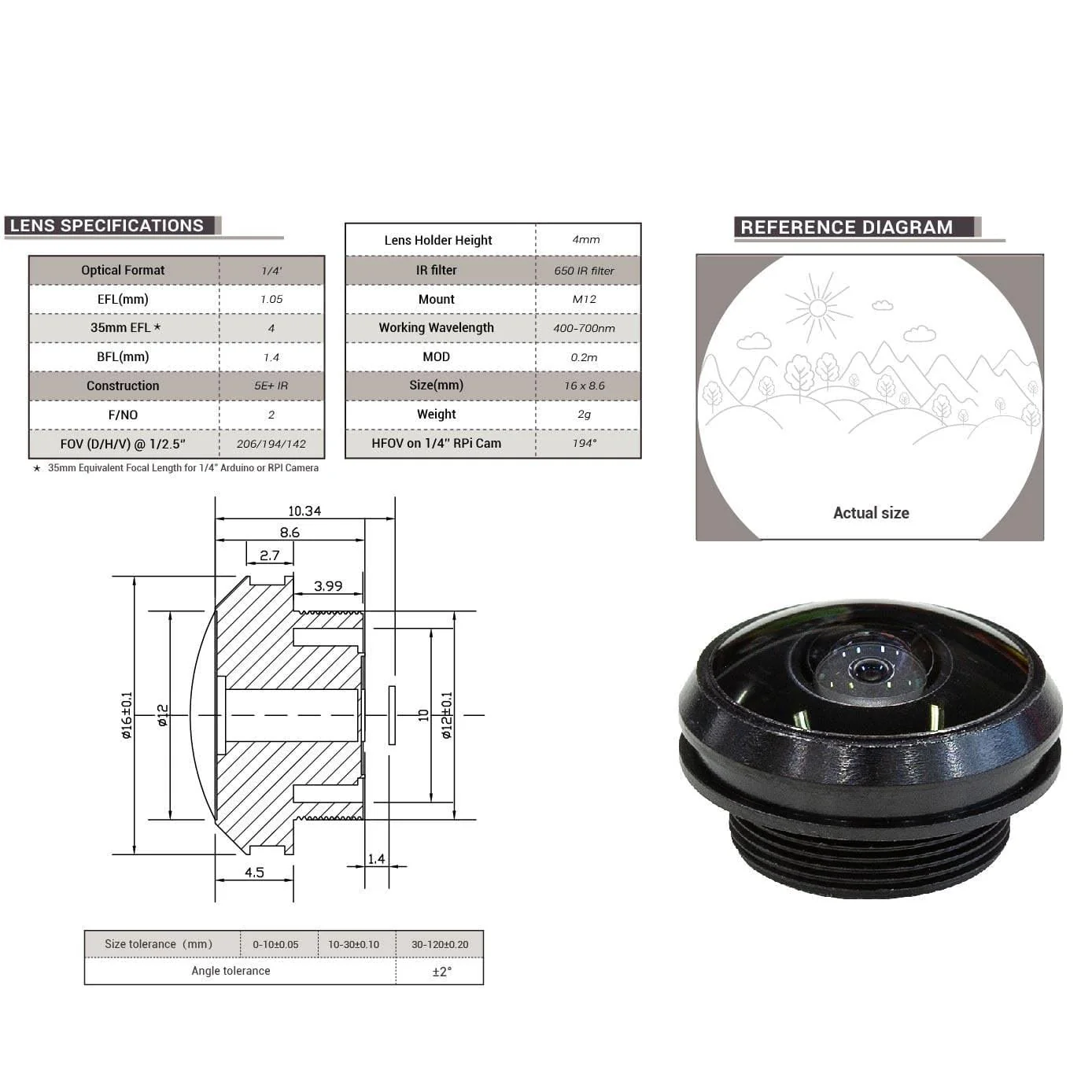 M12 Lens - 206-Degree (1/4" Optical Format, 1.05mm Focal Length) [Discontinued] - Image 4