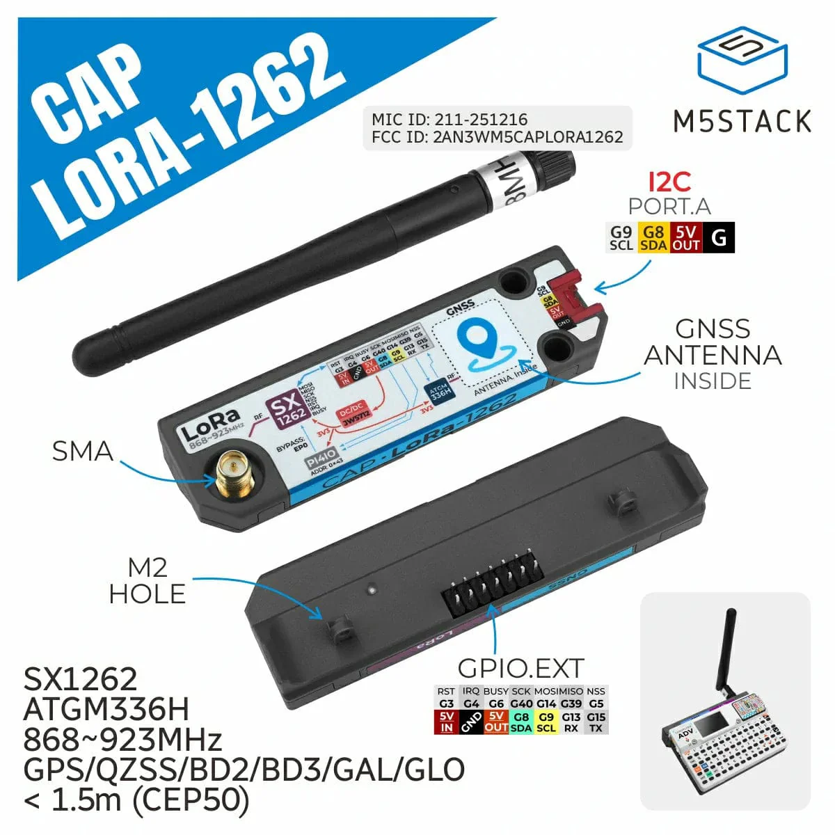 M5Stack Cap LoRa 1262 for Cardputer Adv (LoRa + GNSS) - Image 2