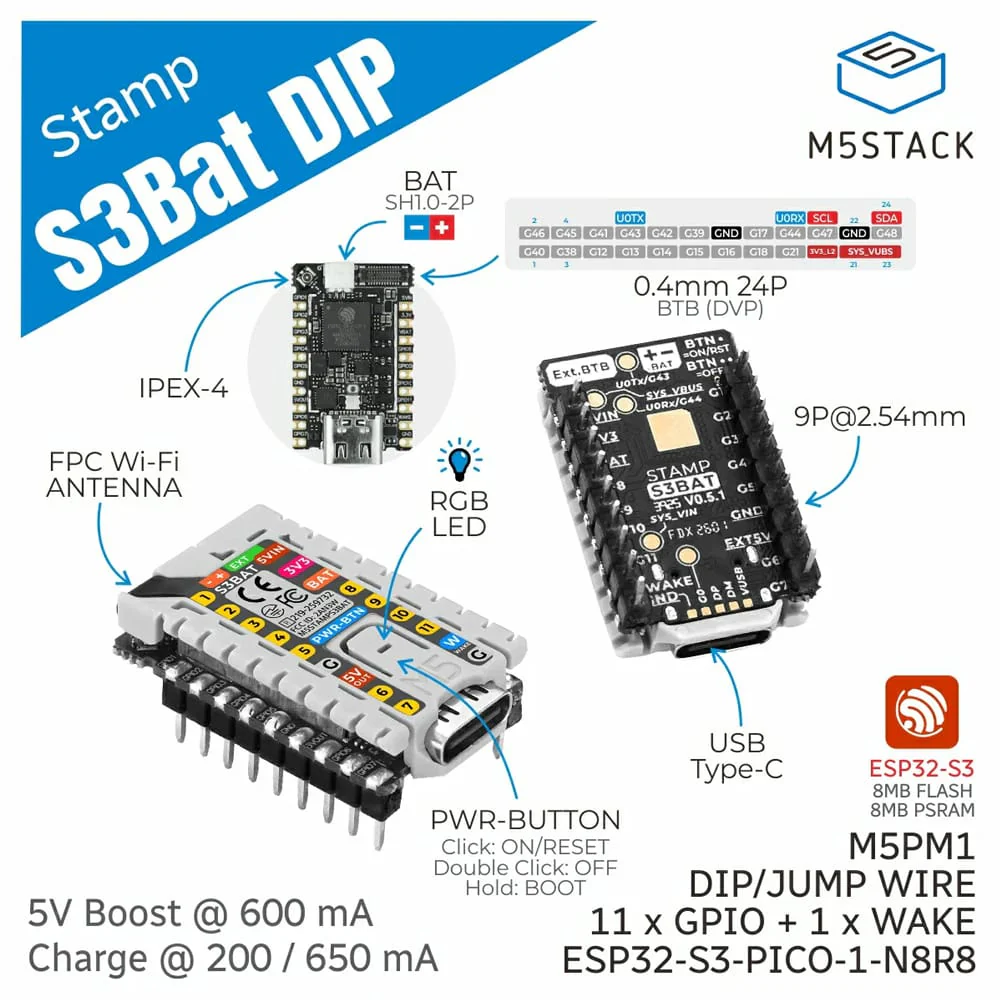M5Stamp-S3 BAT Module (with 2.54mm Header Pins) - Image 2