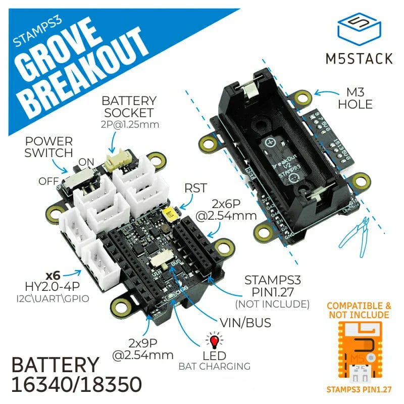 M5StampS3 Grove Breakout with 1.27mm Header Pins - Image 2