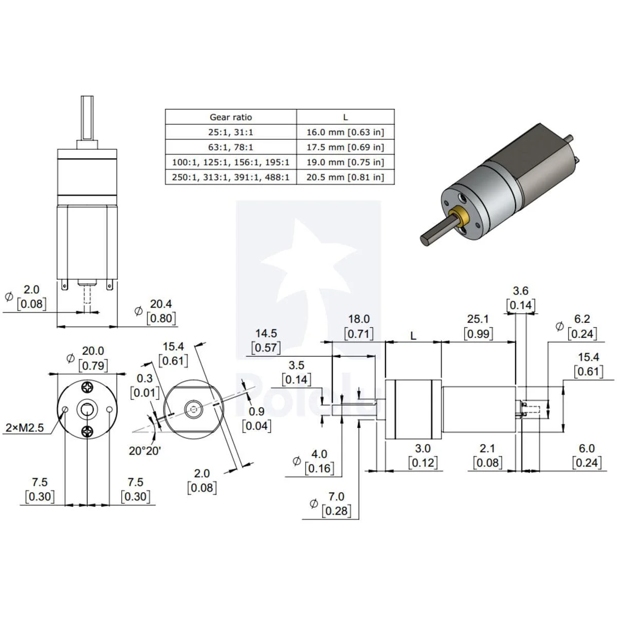 Pololu 12V 25:1 20D Metal Gearmotor (Long-life Carbon Brush) - Image 3