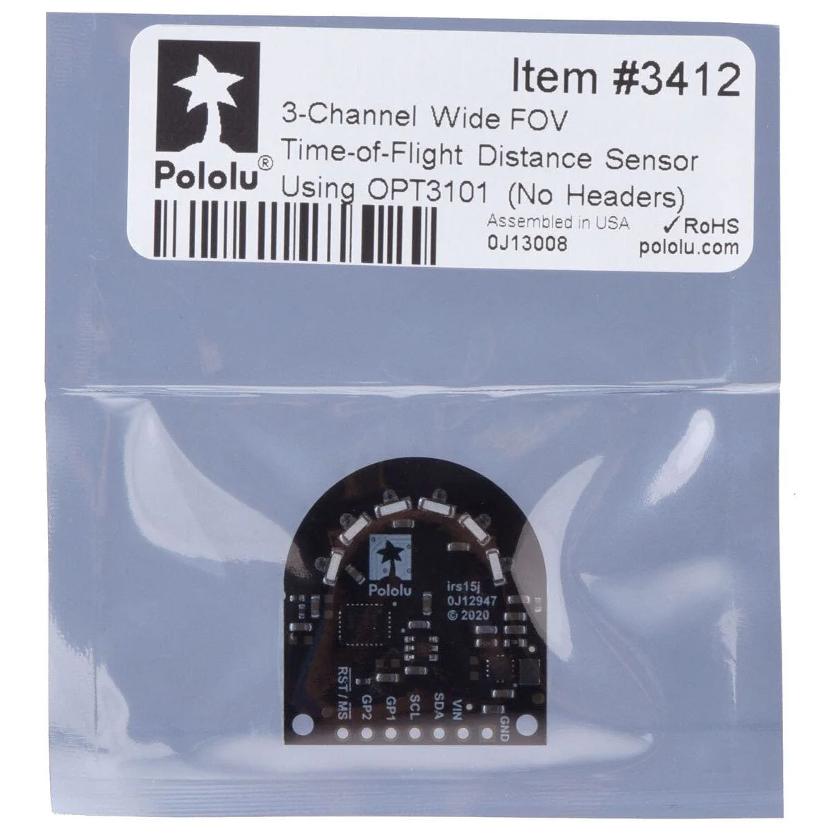 Pololu 3-Channel Wide FOV Time-of-Flight Distance Sensor OPT3101 (No Headers) - Image 6