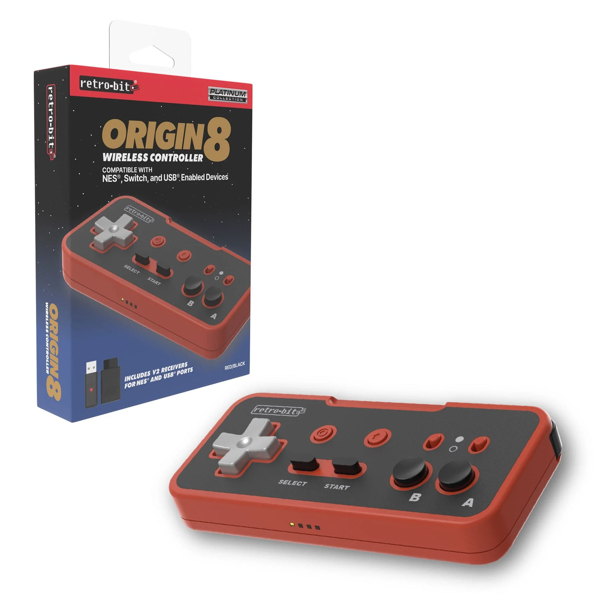 Retro-Bit Origin8 2.4Ghz Wireless Controller - Red & Black - Image 2