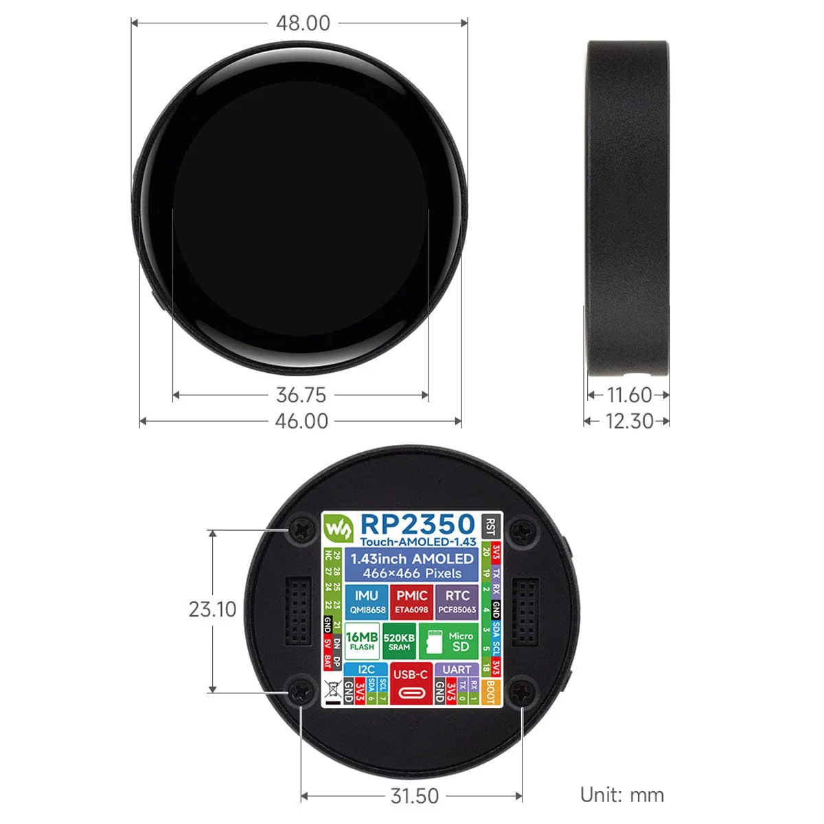 RP2350 1.43" AMOLED Round Display Dev Board (466x466) - Image 12