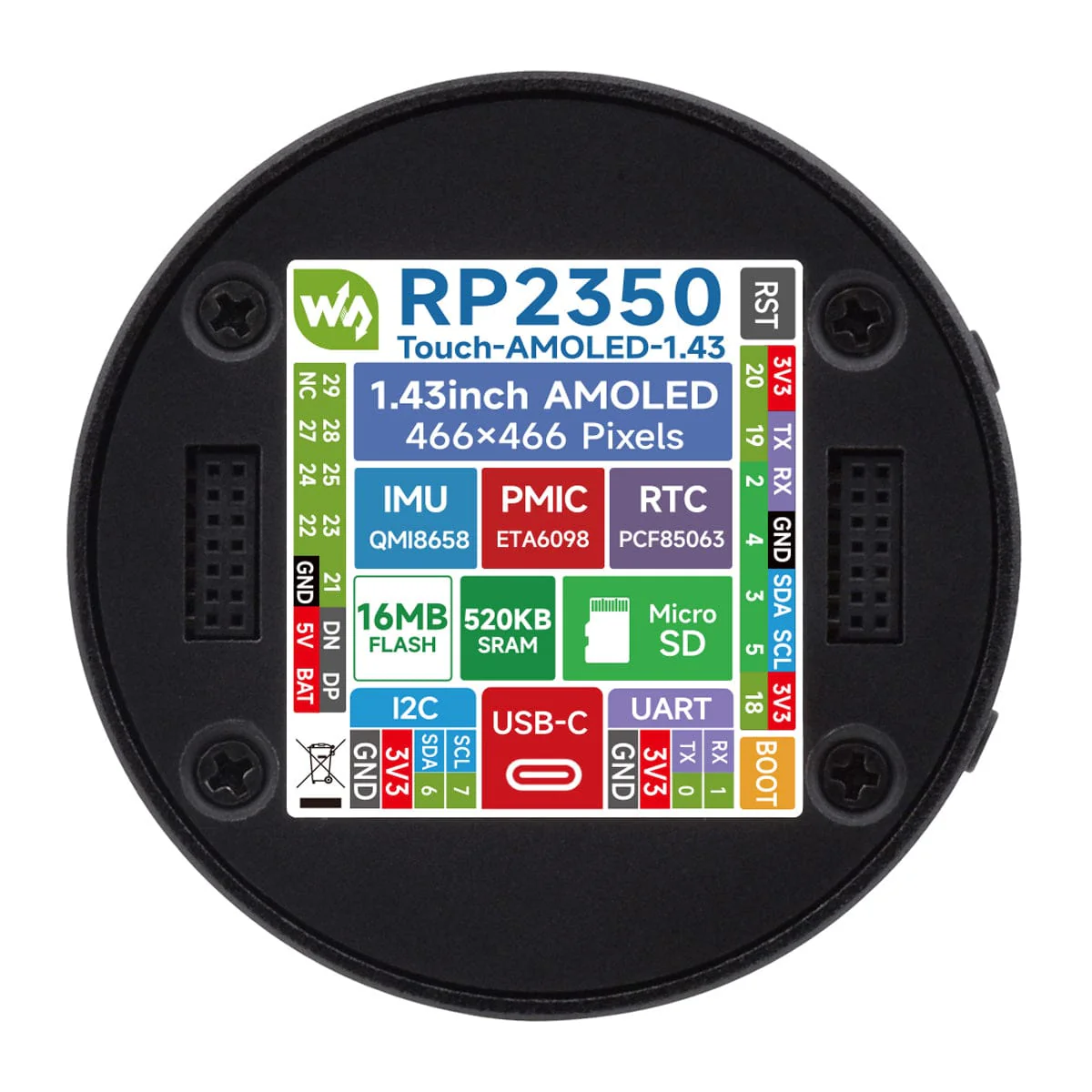 RP2350 1.43" AMOLED Round Display Dev Board (466x466) - Image 8