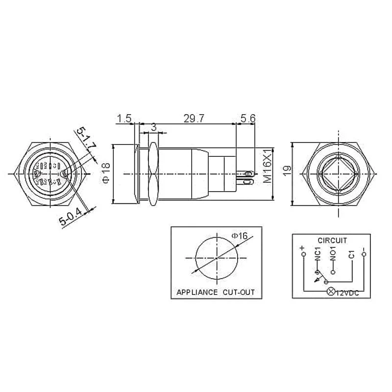 Rugged Metal On/Off Switch with Blue LED Ring (16mm Blue On/Off) - Image 5
