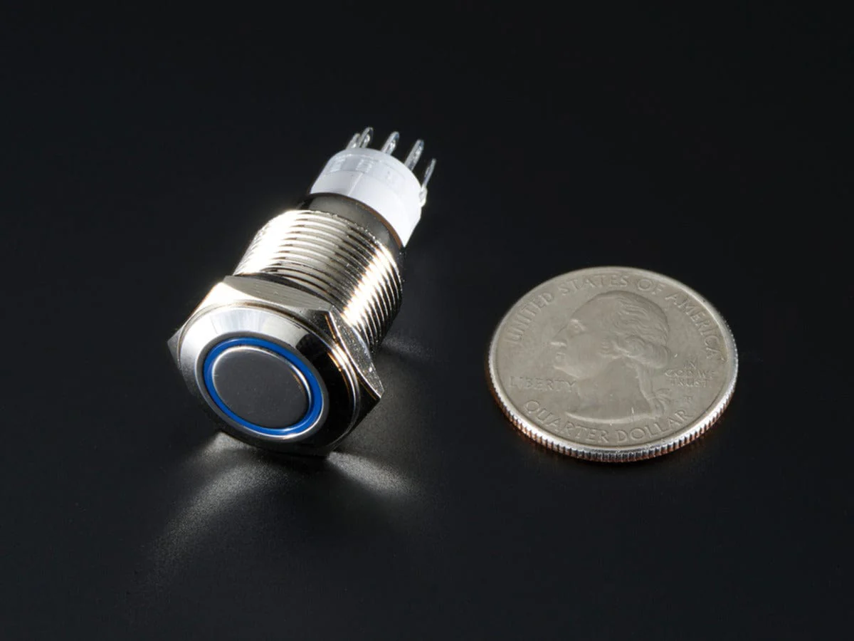 Rugged Metal Pushbutton with Blue LED Ring (16mm Blue Momentary) - Image 4