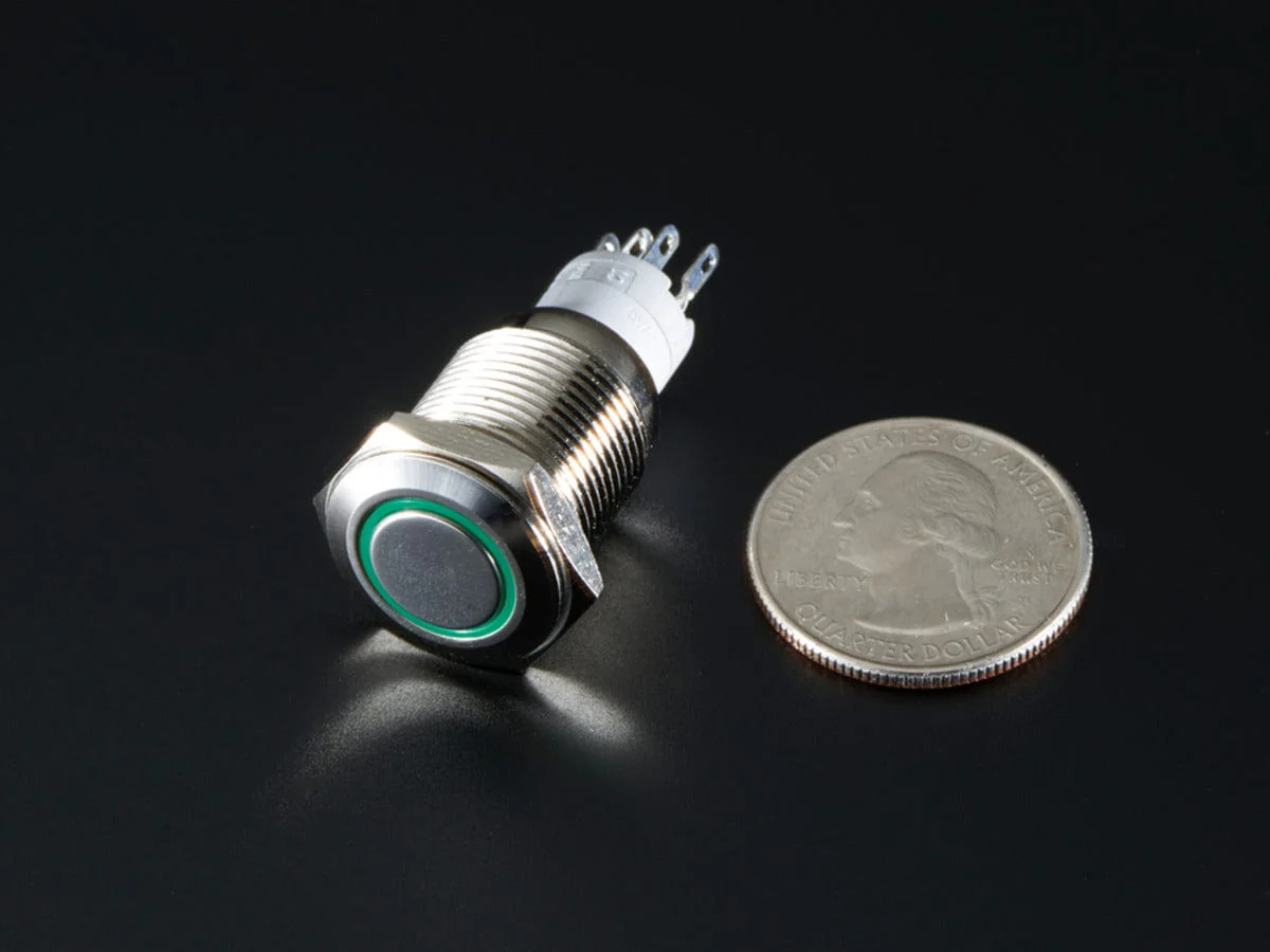 Rugged Metal Pushbutton with Green LED Ring (16mm Green Momentary) - Image 4