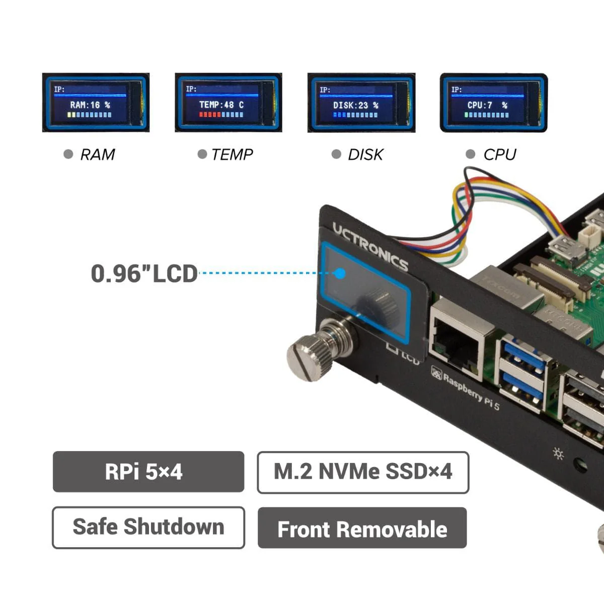 Uctronics Rack Pro for Pi 5 - 19" 1U Rack Mount with 4x M.2 Bases and LCDs - Image 2
