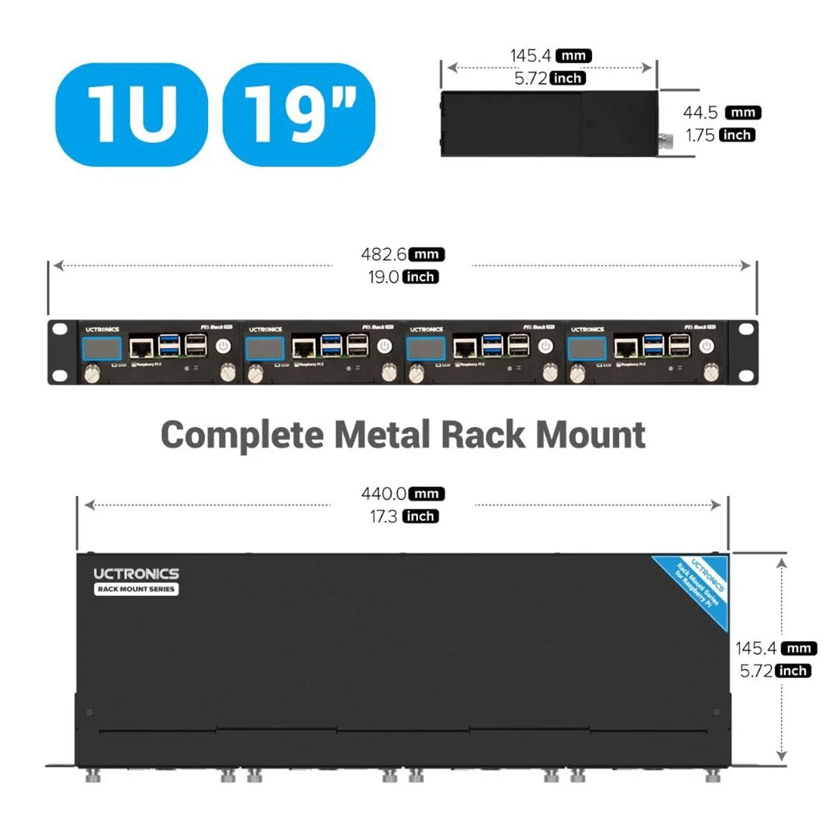 Uctronics Rack Pro for Pi 5 - 19" 1U Rack Mount with 4x M.2 Bases and LCDs - Image 5