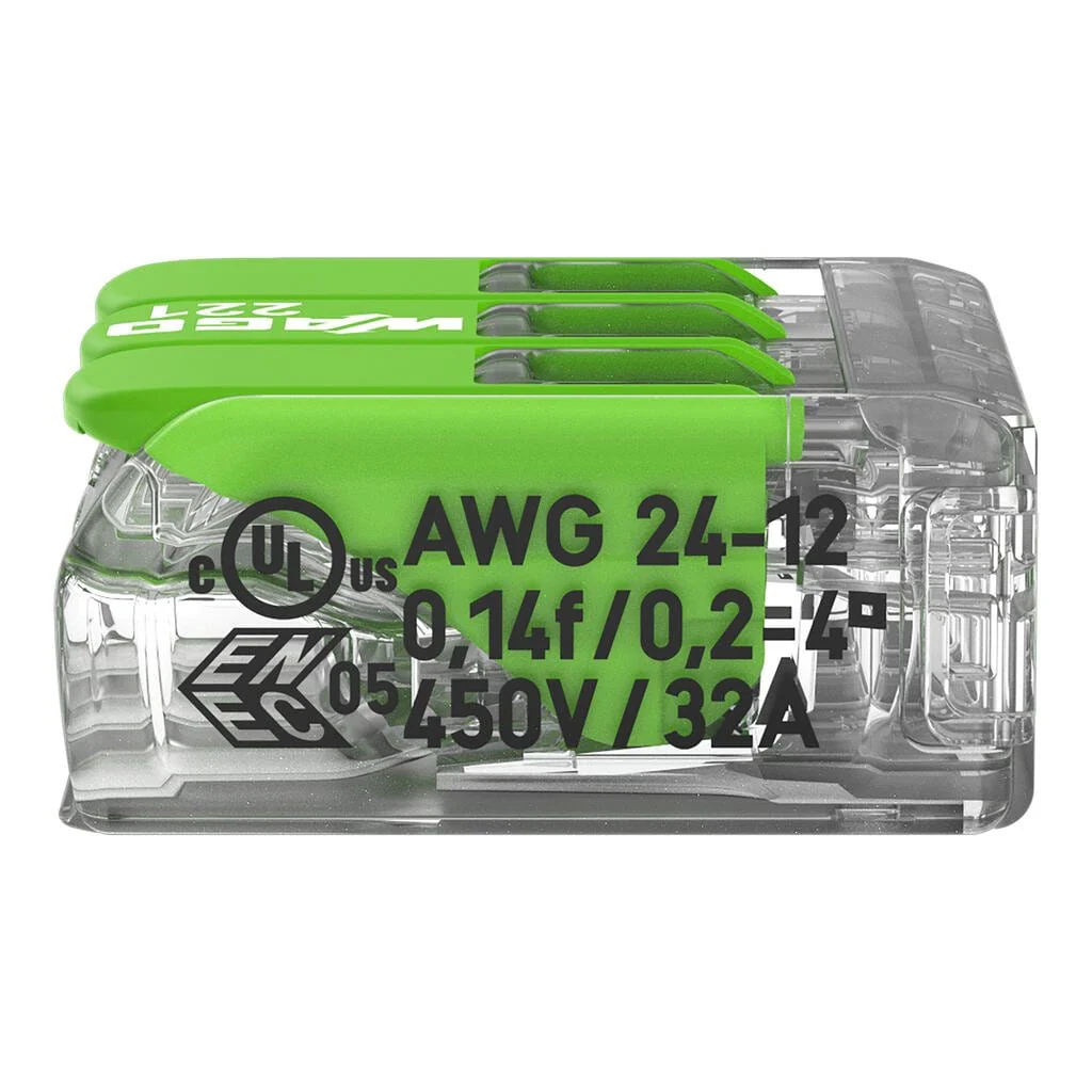 WAGO Green 221-423 32A 3-Way Lever Connectors - Pack of 3 - Image 4